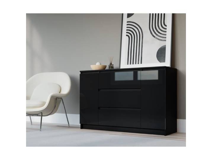 Commode avec deux portes et trois tiroirs Couleur: Noir-Noir Brillant D: L: 140cm P 39 cm H: 78 cm Commode Chambre Adulte
