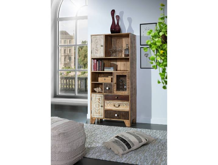 Regal I Front: Glas & Massivholz Mango, gebeizt & lackiert Korpus: Massivholz Mango, gebeizt & lackiert Rückwand: MDF Mitteldichte