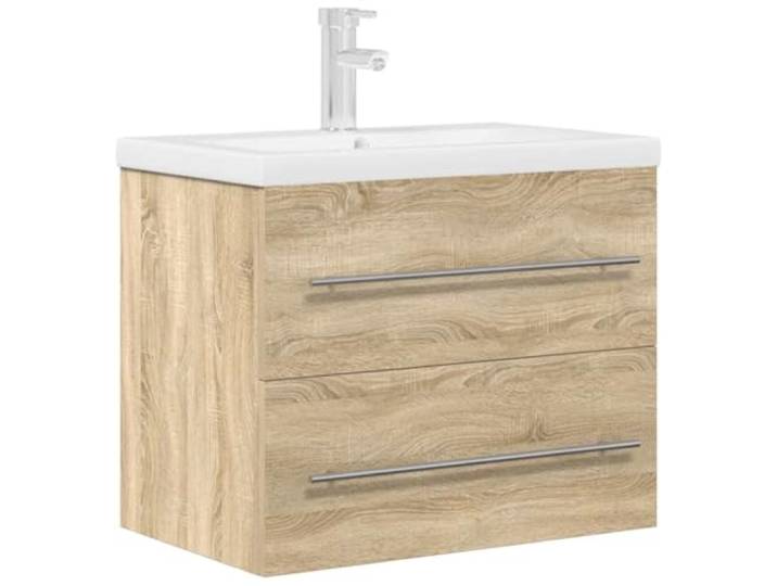 POUFGDR Badezimmermöbel-Set, 2-teilig, Sonoma-Eiche Wandschrank, Keramikspüle, Holzwerkstoff, Aufbewahrung von Seifen, Shampoo, platzsparendes Design