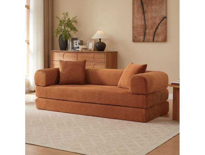 Canapé convertible 3 places EVRYAE 195 cm modulable sans montage lit 1 place velours côtelé terracotta