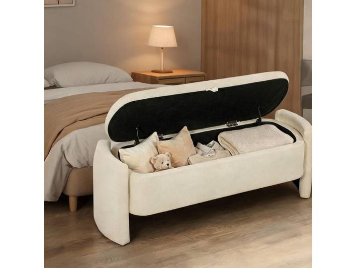 Banc de rangement en tissu bouclé crème design arrondi et pieds en eucalyptus 118x42x45 cm