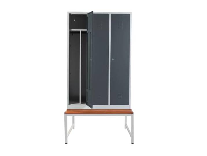 Schrank & Stuhl – Metallspind mit 3 Abteilen, Trennwand und Sitzbank - 40cm Abteilbreite, 220x120x80cm, Schließfachschrank mit Hutboden & Zylinderschlössern, Grau/Anthrazit