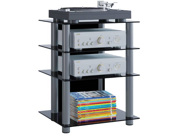 Wohnzimmertisch VCM Hifi Möbel Rack Alu Glas Phono Mediaregal Bilus , schwarz (schwarzglas), B:59cm T:48cm, Regale, TVRack