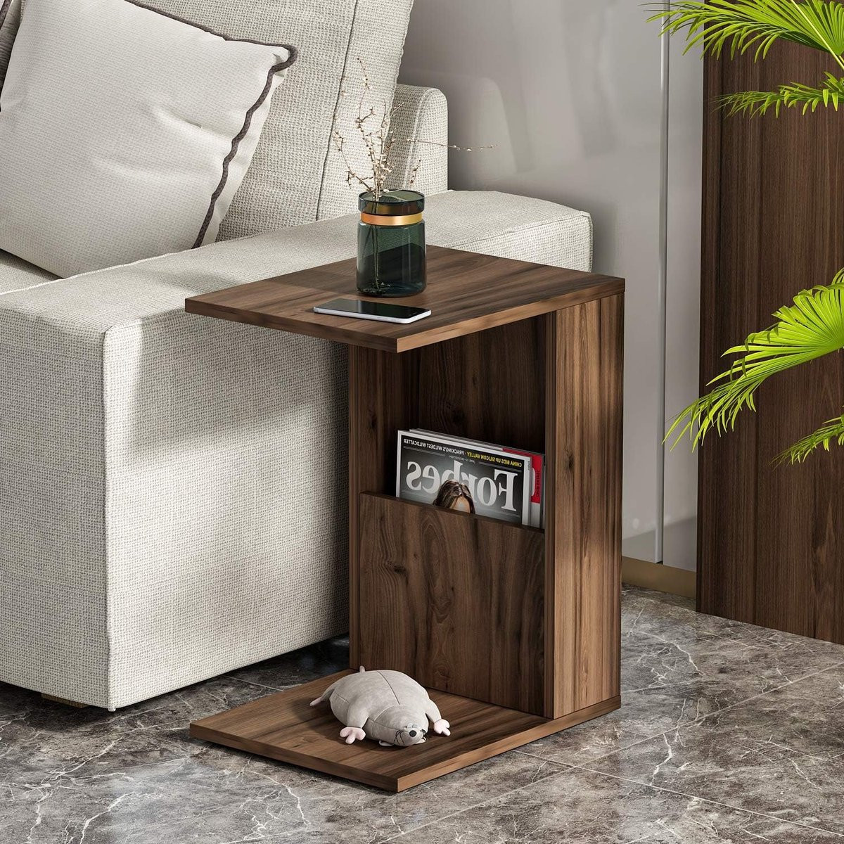 Moderne Bijzettafel op Wielen met Opbergrek in Walnootkleur
