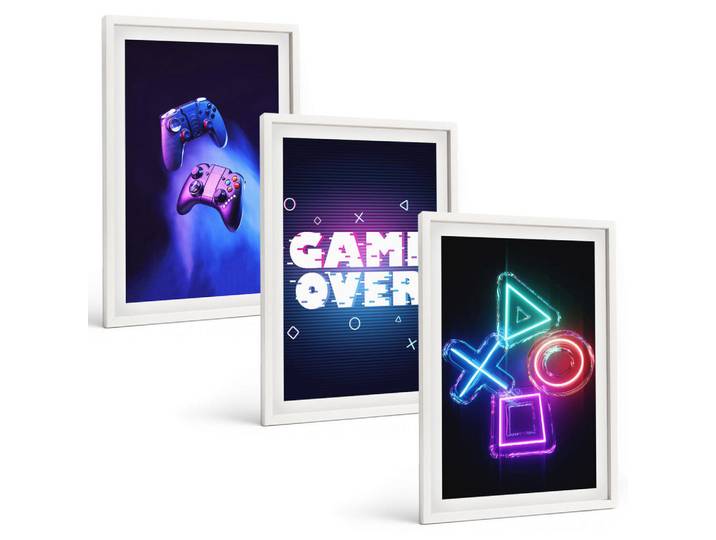 Tulup Bilder SET 3er Set - 40x60 cm Weißer Rahmen - Game Over Gamepads, Kunststoff, Rechteckig, 40x60 cm, Fotografie, Bilder & Rahmen, Bilder