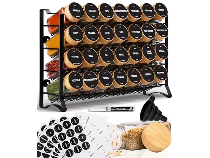 Deco haus® Étagère à épices pour cuisine – 28 pots à épices\, organisateur d'épices en métal à 4 niveaux\, 28 pots à épices\, 144 étiquettes\, design autonome ou à monter