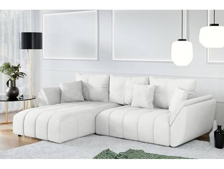 AX Living Ecksofa mit Schlaffunktion Verciani L Sofa Weiß 280 cm Eckschlafcouch mit Bettkasten. Wohnlandschaft L Form mit komfortabler Schlaffunktion. Liegefläche von 235x133 cm.