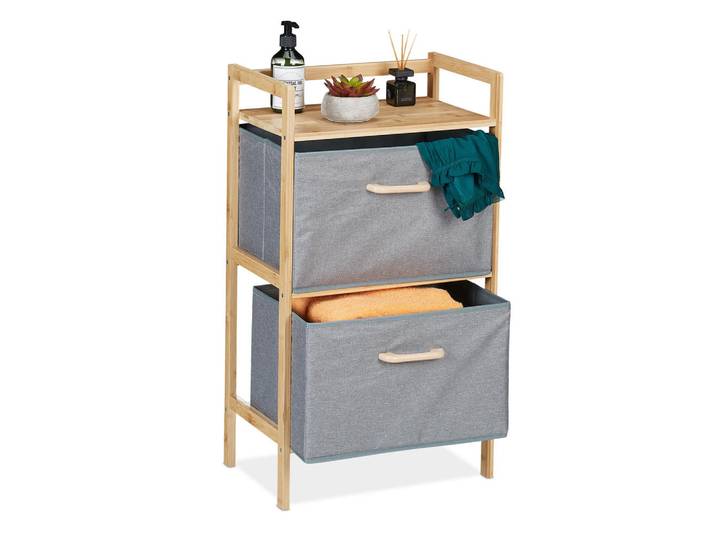 Relaxdays Badregal Natur Grau Bambus mit 2 Wäschekörben, Hellbraun, Holz, Wellpappe, 43x76x27 cm, Badezimmer, Badezimmerregale, Badregale