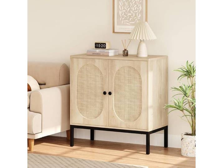 Buffet de rangement - HOERFURIY - 80x40x83cm - 2 portes - Rotin naturel - Style scandinave