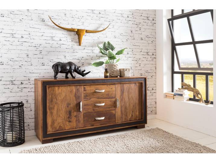 Buffet design KARAN bois massif de sheesham avec similicuir
