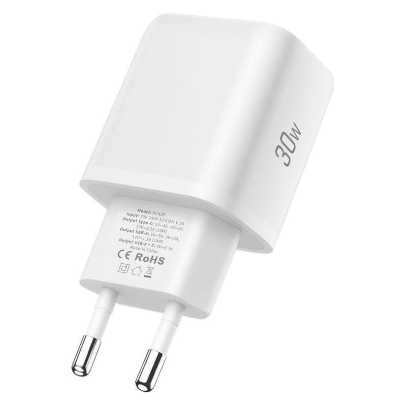 Tech-Protect NCA30 PD 30W QC3.0 USB-A / USB-C Wandladegerät + USB-C / Lightning Kabel 100cm - Weiss (30 W, 2 Ports) (TECH-PROTECT)