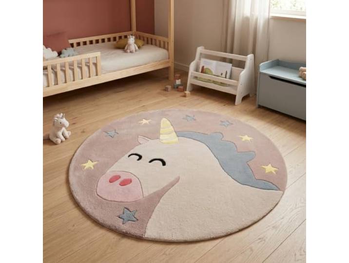Morgenland Kinderteppich Handgetuftet Wolle Grau-Rosa 120x120cm Rund 100% Schurwolle, Kollektion Kids, Kinderzimmer, Handarbeit