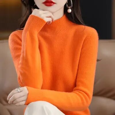 GlowBake Autumn Winter Women Sweater, Fashion Warm Bottoming Shirts, Half High Collar Knitwear Solid Long Sleeve Pullovers orange l