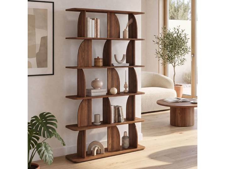 Etagère 5 niveaux Japandi asymétrique effet noyer