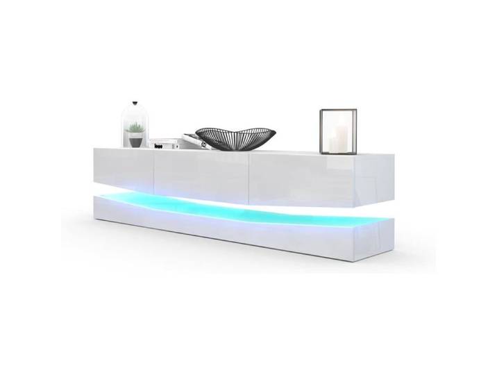 Vladon Buffet Bas City Meuble TV avec Socle 1 Compartiment Ouvert et 3 Tiroirs Blanc Haute Brillance (178 x 39 cm)