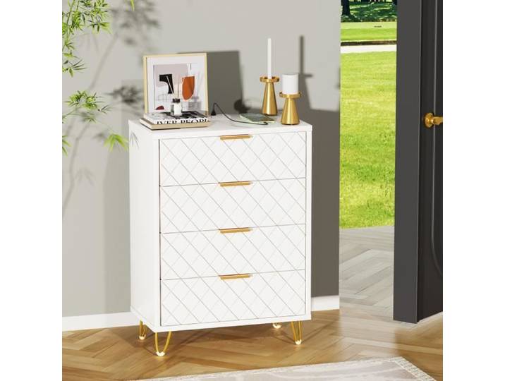 Commode - VIVOLILV - 4 Tiroirs - Blanc - Pieds dorés - 60x34x91cm