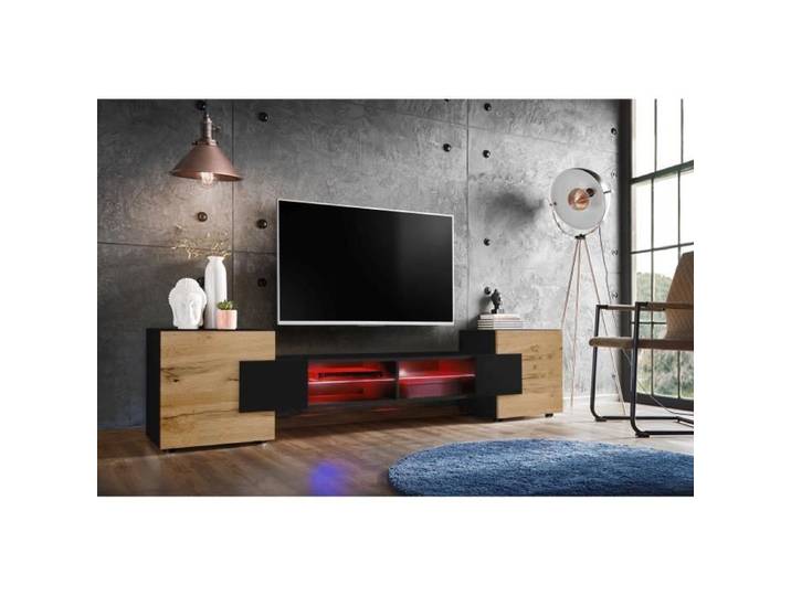 Meuble Banc TV Merano Version 2 Komodee - avec eclairage LED RGB - Noir et Bois Naturel - 230 x 53 x 35 cm