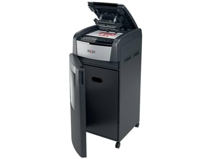 Rexel 2020750M Auto+ 750M – Destructeur de Documents Automatique Coupe Micro Sécurité P5\, Capacité 750 Feuilles\, Corbeille 140 litres Amovible\, roulettes Pivotantes