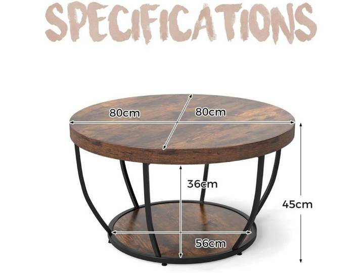 GIANTEX Table Basse Ronde à 2 Niveaux D.80x45CM-Cadre en Métal Robuste et Plateaux en Bois-Style Industriel Brun