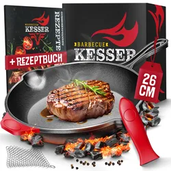 KESSER® Gusseisenpfanne   Gusseisen Bratpfanne Induktion   Cast Iron Pan für Gasgrill, Backofen, Kohlegrill   Steakpfanne voreingebrannt   Inkl. Schutzgriffe, Rezeptbuch und Ringreiniger