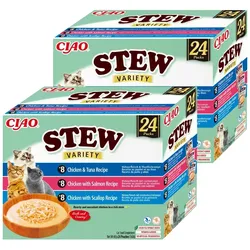 INABA Cat Ciao Stew - Ergänzungsfuttermittel für Katzen mit Huhn, Thunfisch, Lachs und Jakobsmuscheln 48x40g