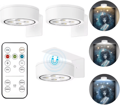 Inspire Picks 3PCS Magnetic LED Picture Lights Battery Operated Art Display Lights With Remote, Timer & 3 Lighting Modes white
