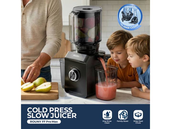 Extracteur de jus à froid sans filtre ROUNY, nettoyage en une seule étape, goulotte d'alimentation large de 130 mm, machine à mastication lente pour fruits et légumes