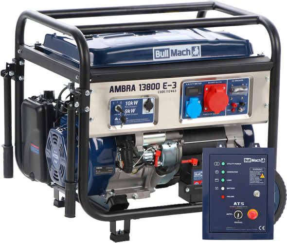 BullMach AMBRA 13800 E-3 - Benzin-Stromerzeuger auf Rädern mit AVR Max. Leistung 10 kW - 9 kW PRP - 400V + ATS
