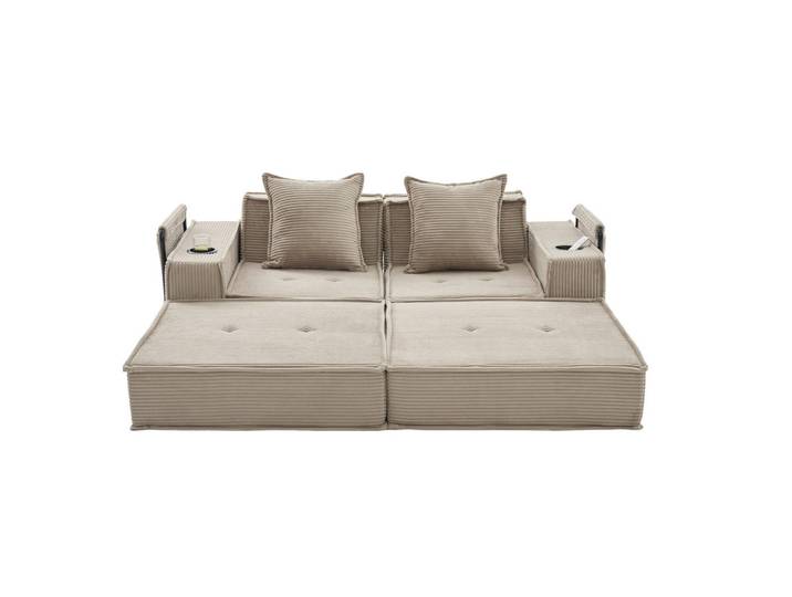 Modfu 2-Sitzer-Sofa aus Cord 162x78x66 cm Khaki mit 2 Kissen und Seitentaschen, modular und familienfreundlich, Beige, Rechteckig, 162x66x78 cm, Wohnzimmer, Sofas & Couches, Sofas, 2-Sitzer Sofas