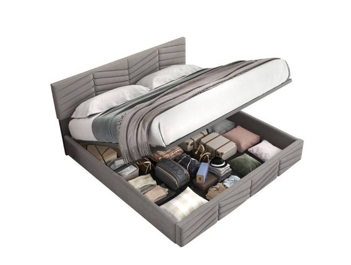 Polsterbett Doppelbett 140x200 cm en velours gris avec tête de lit réglable en hauteur et rangement hydraulique