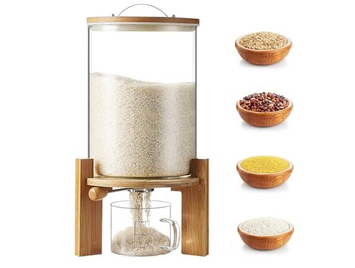 VFDZ Reisspender mit Messbecher, Feuchtigkeits und Staubdicht (Size:8L) Müslispender Glas, Vorratsdosen Glas mit Deckel, Lebensmittelspender Glas für Bohnen, Reis, Cereal Getreide