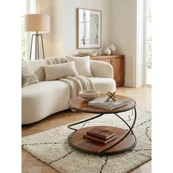 Couchtisch Sheesham Massivholz Metall, Rund, Stauraum, 58x58x35 cm