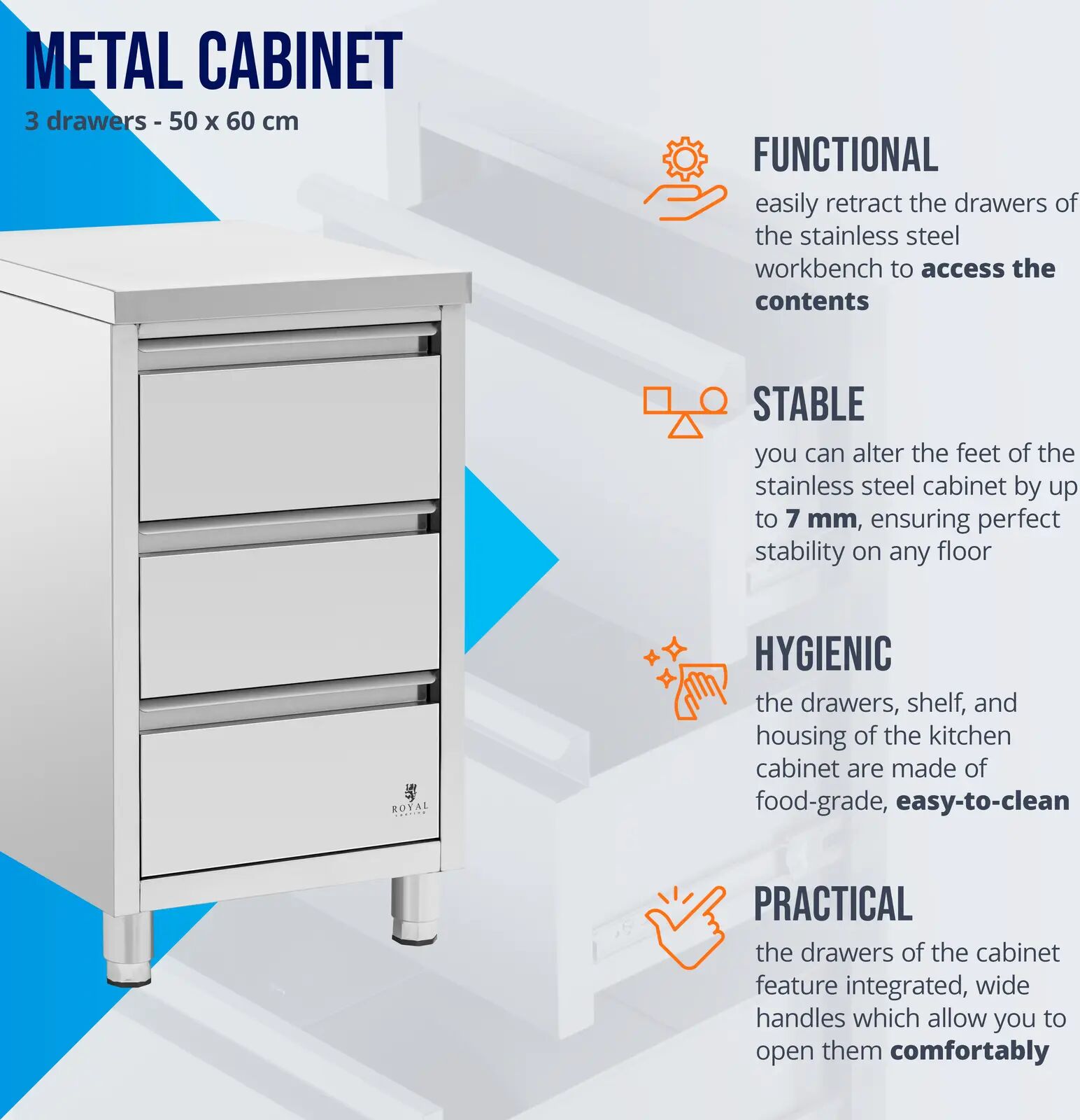 Edelstahl-Arbeitsschrank - 3 Schubladen - 50 x 60 cm - Royal Catering RCCD-3S