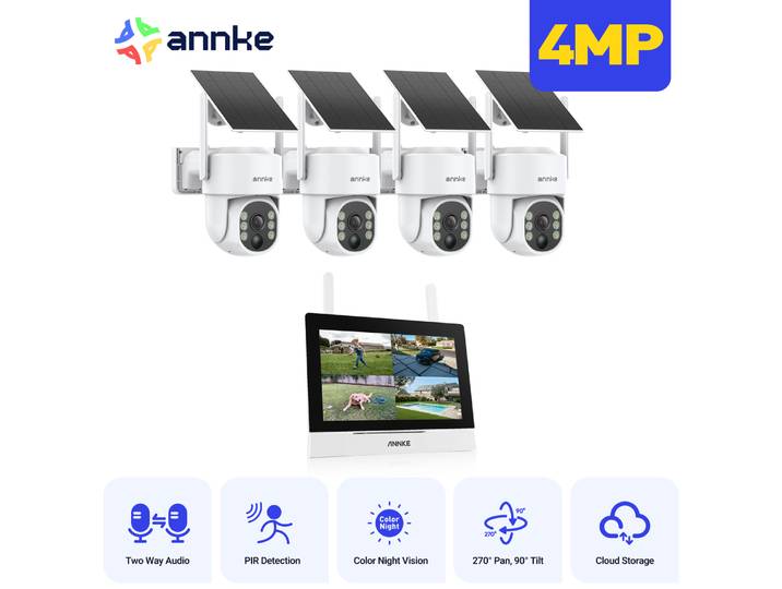 Kit de caméras de sécurité sans fil solaires Annke 4MP 4 pièces, surveillance vidéo, voix bidirectionnelle, moniteur 7 pouces, détection de mouvement, sécurité, NVR 4 canaux
