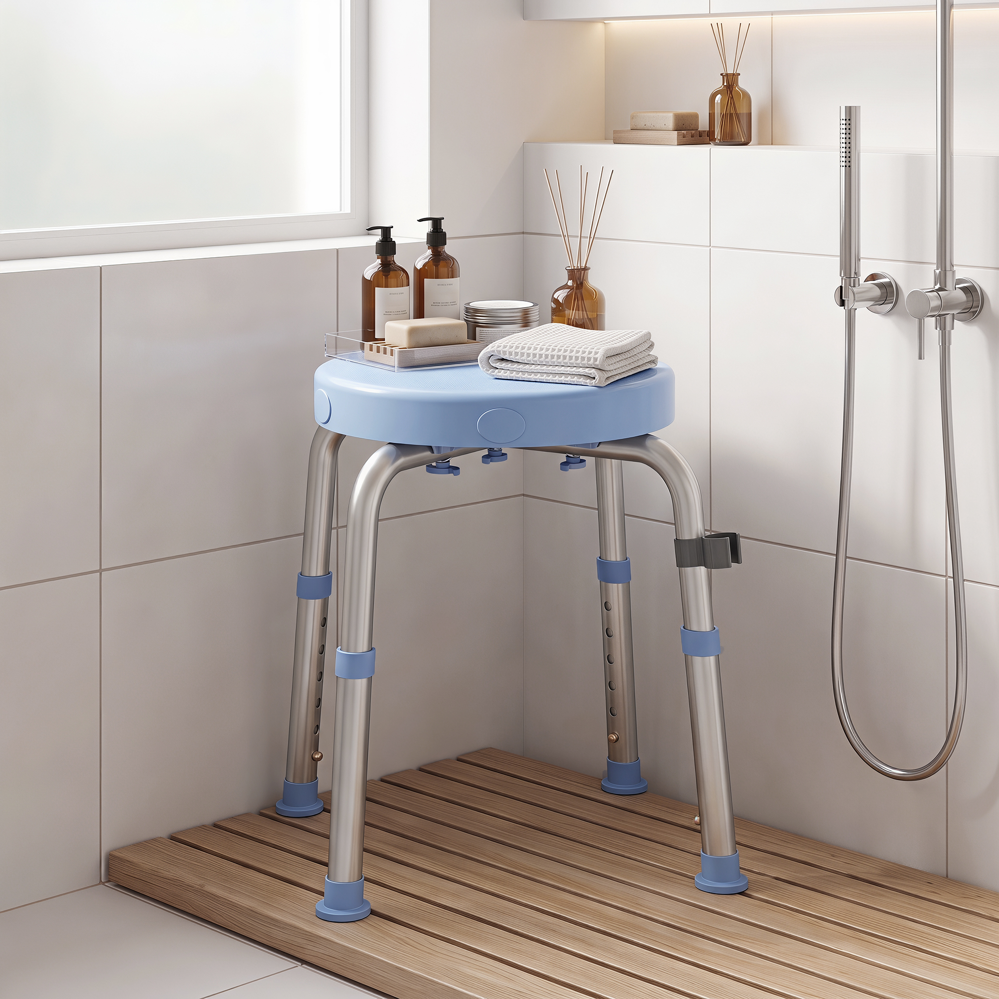 Homcom Sgabello da Doccia Girevole, 5 Altezza Regolabile, Antiscivolo, in Lega di Alluminio, Portata 136kg, Celeste   Aosom Italy
