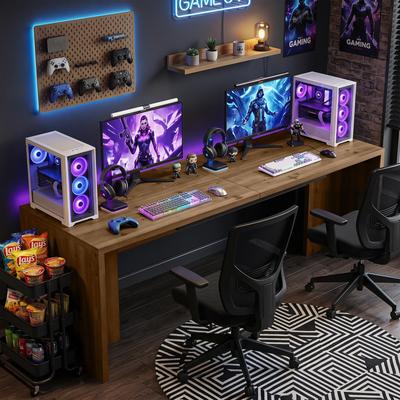 YUZHOU 78 Inch Extra Long Solid Wood Computer Desk, Rustic Brown Double Desk