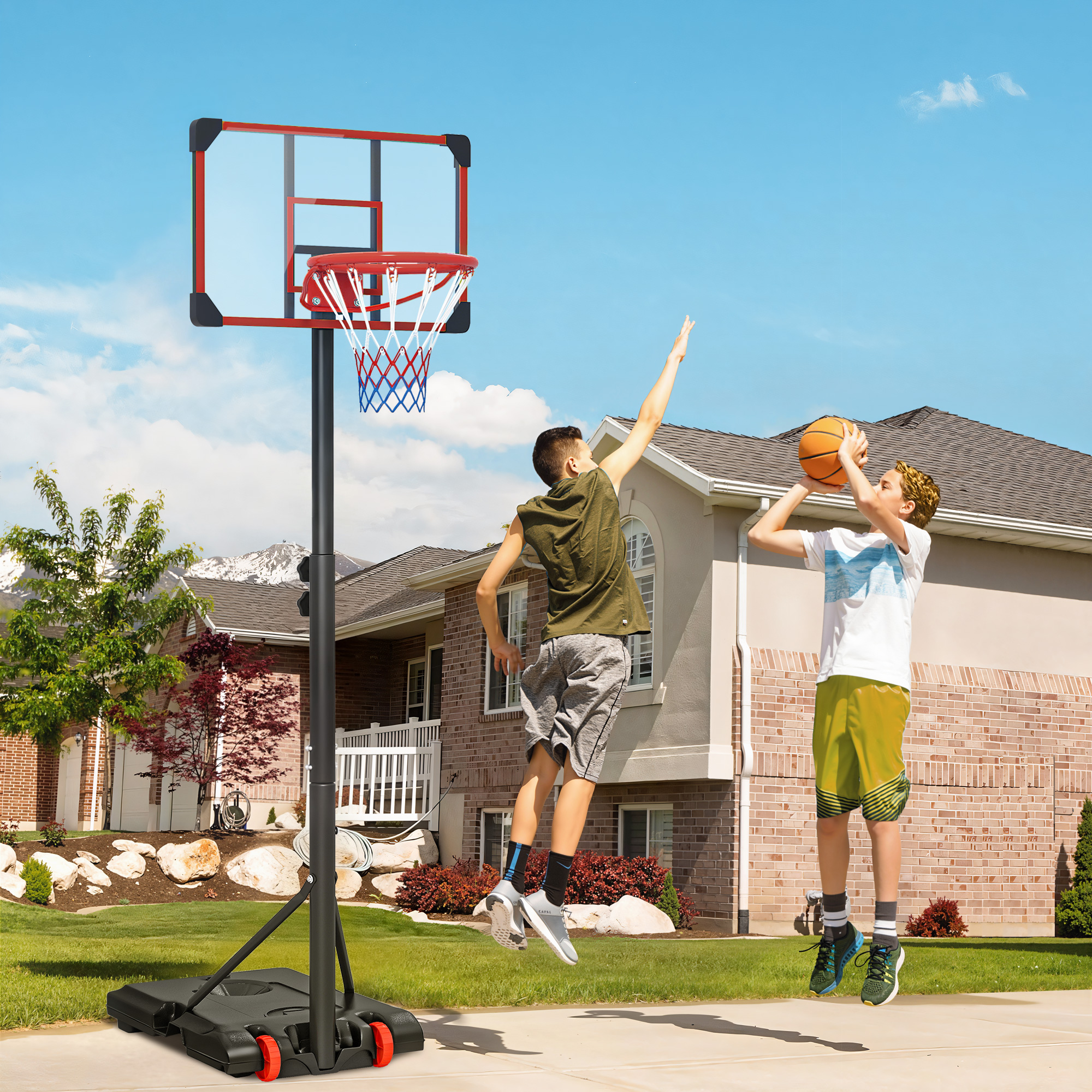Sportnow Canestro da Basket con Altezza Regolabile, Ruote e Base Riempibile per Adolescenti e Adulti, 75x56x240 cm, Rosso e Nero   Aosom Italy
