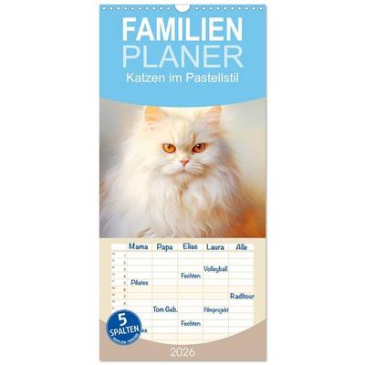 Familienplaner 2026 - Katzen im Pastellstil mit 5 Spalten (Wandkalender, 21 x 45 cm) CALVENDO