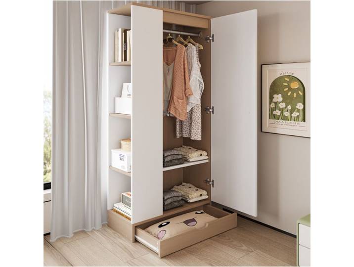 MEULVA Armoire chambre 1 porte 70x40x170 cm étagères et tiroir bois naturel et blanc