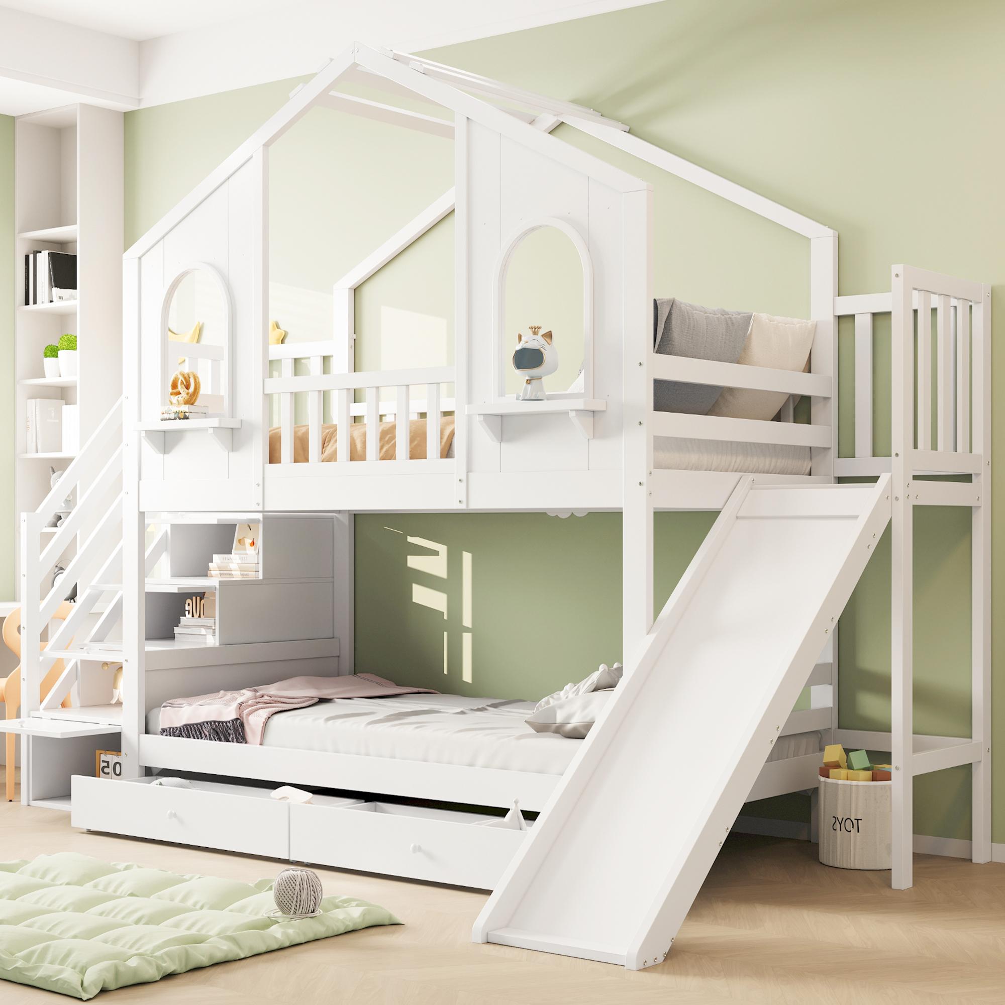okwish Kinder-Stockbett 90x200cm Etagenbett Doppelstockbett Jugendbett mit hausförmigem Design,Bettgestell Kinderbett mit Bogenfenstern und Rutsche,Weiß(ohne Matratze)