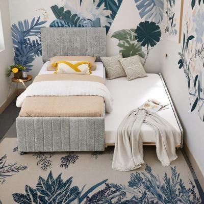 ZWYO HOSIMU Twin Chenille Space-Saving Upholstered Pull-Out Trundle Daybed with High Padded Back for Bedroom & Guest Room