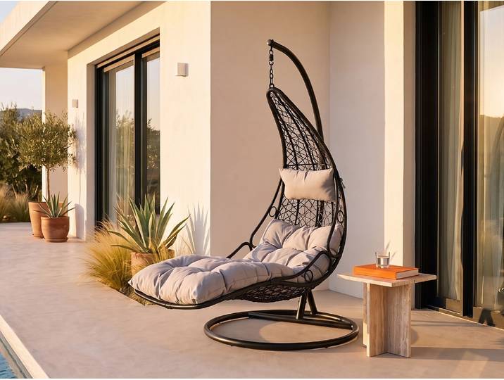 Hängesessel - Polyrattan - Schwarz mit grauen Kissen - LUVA von MYLIA