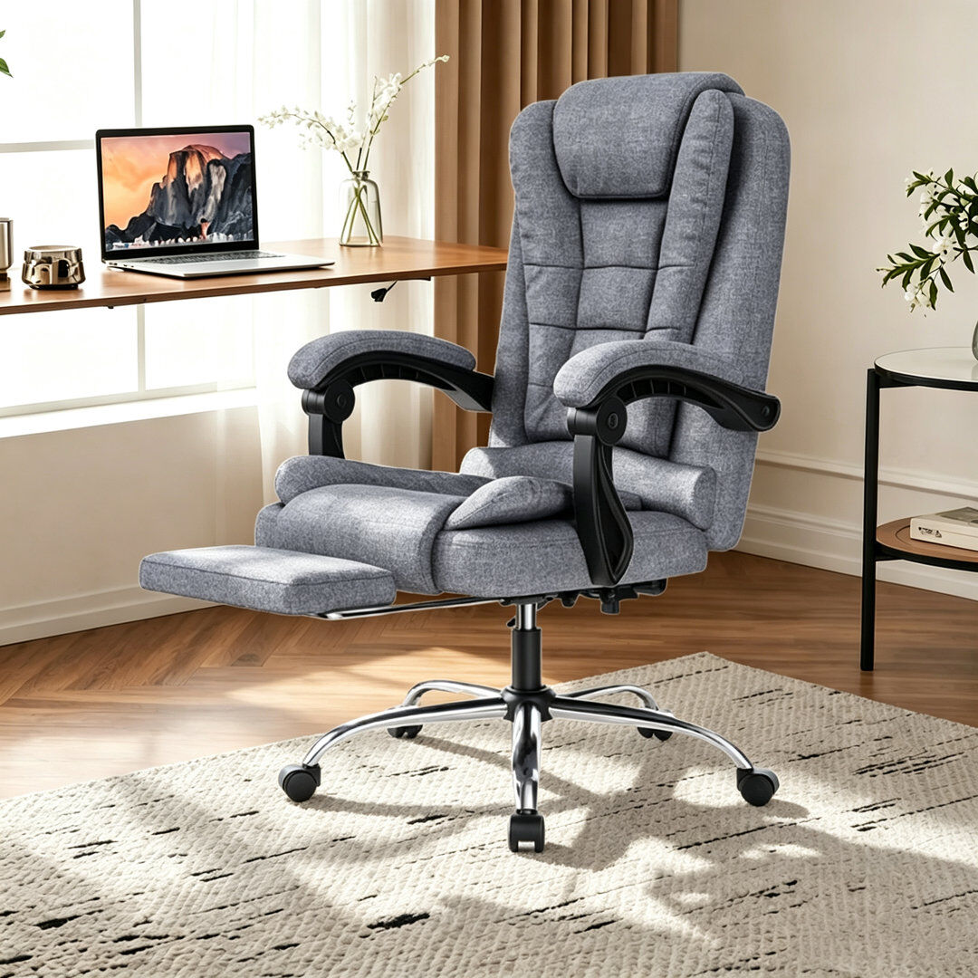 17 Stories Ergonomic High Back Executive Office Chair, Desk Chair with Retractable Footrest Fabric Grey 64cm W X 64cm D
