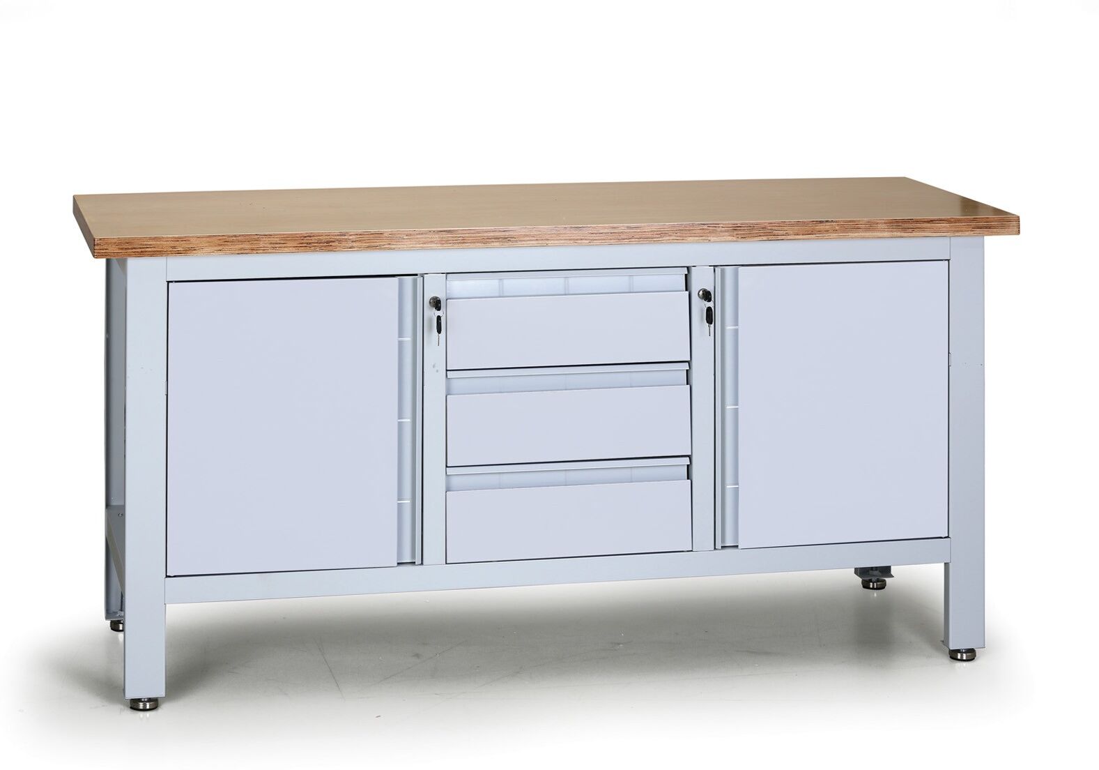 B2B Partner Werkstatttisch G6, 3 Schubladen, 2 Schränke, 1690 x 600 x 860 – 900 mm, grau