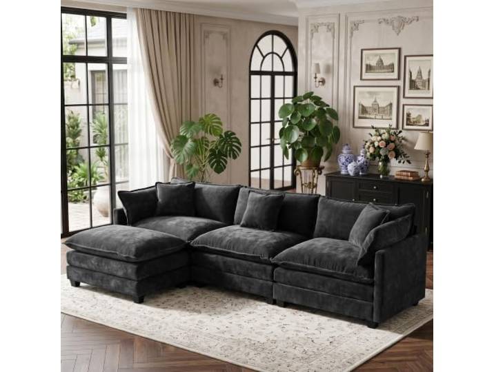 L-förmiges Sofamodul 3-Sitzer, 289 cm, Chenille schwarz, mit Kissen Frei kombinierbares modulares Sofa aus Chenille mit Armlehnenpaneelen, ideal für Wohnhäuser und Wohnungen.