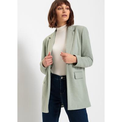 Jerseyblazer BONPRIX "Langer Jersey-Blazer mit Taschen", Damen, Gr. 36, grün (rauchgrün meliert (länge: regulär)), Obermaterial: 67% Polyester, 33% Viskose. Futter: 100% Polyester, loose fit, Blazer, mit Reverskragen, lockere Passform, aus Viskose...