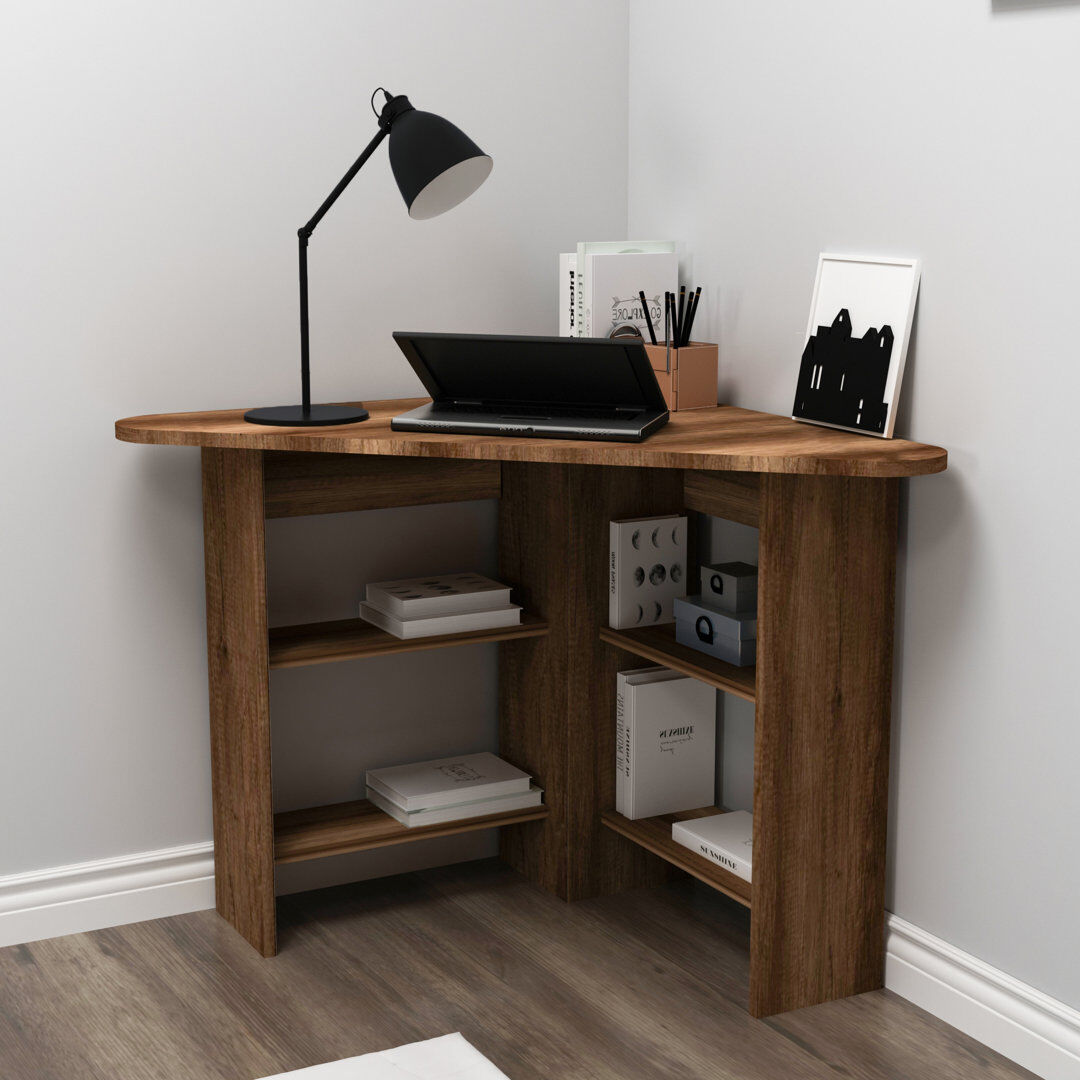 Ebern Designs Fade 105cm Corner Computer Desk with 4 Open Shelves Light Walnut 73.8cm H X 105cm W X 80cm D