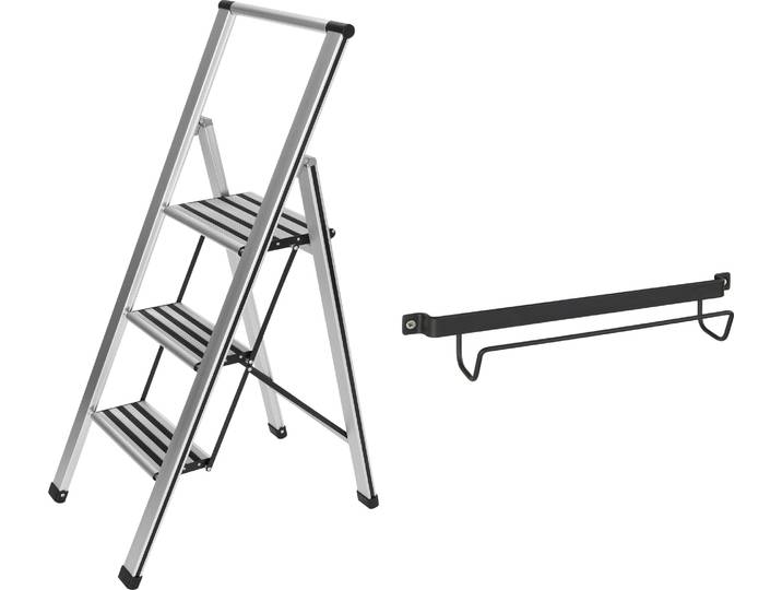 Trittleiter WENKO Modell Alu-Design , silber (silberfarben, schwarz), B:44cm H:127cm L:5,5cm, Aluminium, Kunststoff, Leitern, Trittleiter, stabile Klapptritt Leiter, rutschsicher, bis 150 kg, mit Leiternhalter