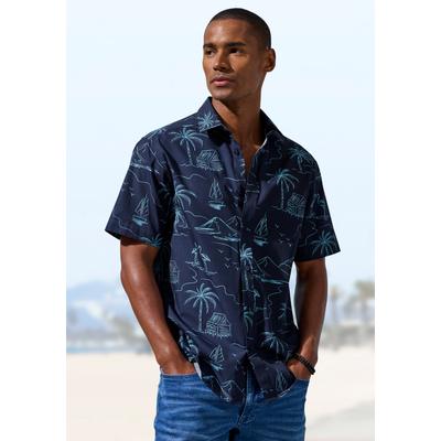 Hawaiihemd JOHN DEVIN "- Kurzarmhemd mit kontrastfarbigem Palmen Druck", Herren, Gr. XL, N-Gr, blau (navy), Web, Obermaterial: 100% Baumwolle, bedruckt, regular fit normal, ohne Ausschnitt, abgesteppte Kante, Hemden Hawaiihemd, Freizeithemd bis...