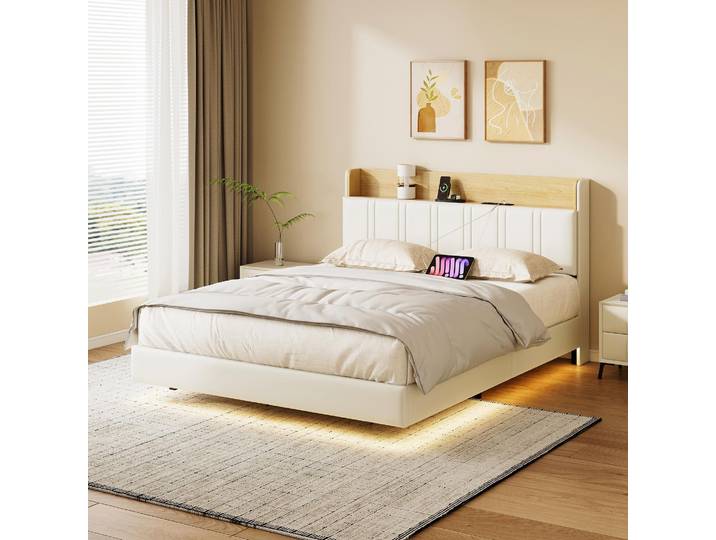 Schwebendes Bett 140x200 cm, gepolstert, LED, USB, PU, Weiß